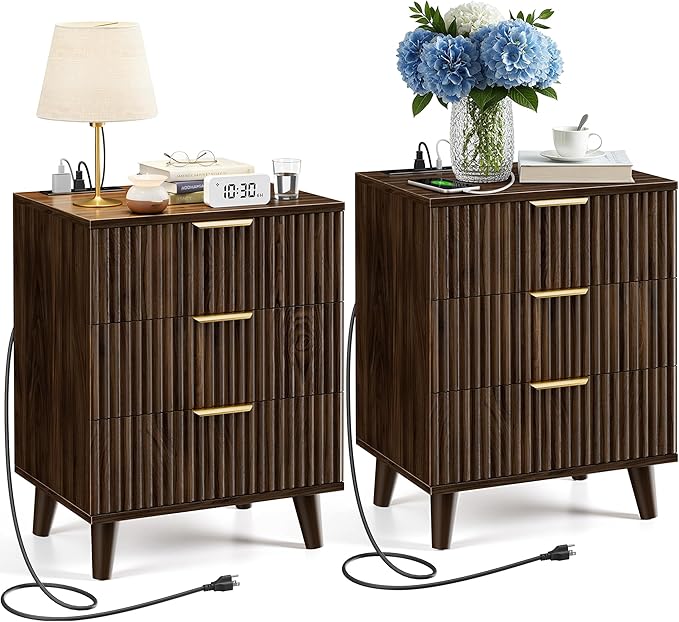 Walnut Fluted nightstands Set of 2, 20 inch Modern Nightstand with Charging Station Wood Bedside End Table with 3 Large Storage Drawers, Tall Side Table for Bedroom Sofa Office