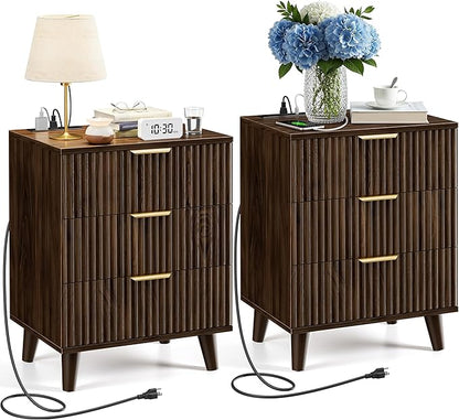 Walnut Fluted nightstands Set of 2, 20 inch Modern Nightstand with Charging Station Wood Bedside End Table with 3 Large Storage Drawers, Tall Side Table for Bedroom Sofa Office