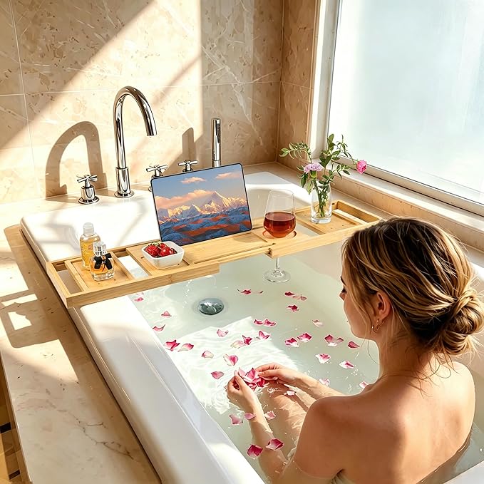 Utoplike Bamboo Bathtub Tray Caddy for Tub, Adjustable Bath Tray Bathroom Organizer with Book Tablet Wine Glass Cup and 2 Sliding Towel Holder