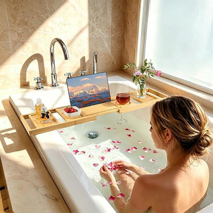 Utoplike Bamboo Bathtub Tray Caddy for Tub, Adjustable Bath Tray Bathroom Organizer with Book Tablet Wine Glass Cup and 2 Sliding Towel Holder