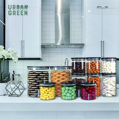 Urban Green Glass Jars with Black Bamboo Lids, Food Storage Containers with Airtight Black Lids, Glass Kitchen Canisters Sets (3 pack of 20oz + 3 pack of 30oz)