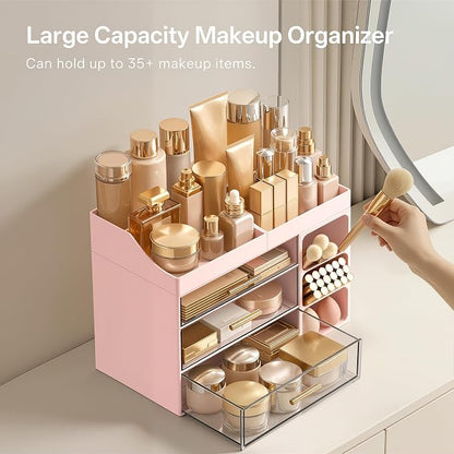 HBlife Makeup Organizer Countertop with Brush Holder,Large Bathroom Counter Organizer with Drawers,Skincare Organizers for Vanity,Plastic Dresser Organizer Storage Gift for Women Girl Mom,Pink