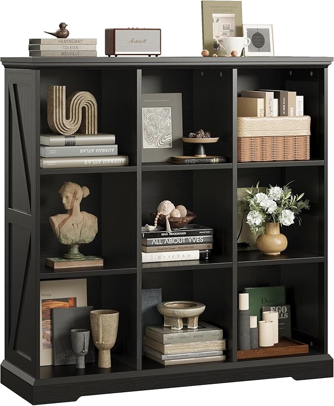 IRONCK Wooden 9 Cube Storage Organizer, Cube Shelf Organizer with Storage, Farmhouse Short Bookshelf for Bedroom, Living Room and Home Office, Black