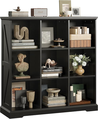 IRONCK Wooden 9 Cube Storage Organizer, Cube Shelf Organizer with Storage, Farmhouse Short Bookshelf for Bedroom, Living Room and Home Office, Black