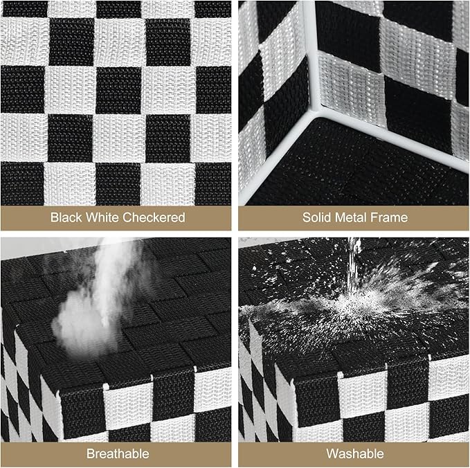 2-Pack Checker Pattern Woven Bins, 16” Ribbon Metal Wire Desk Organizer, Drawer Dresser Baskets, Countertop Toilet Paper Storage Containers (Black & White)