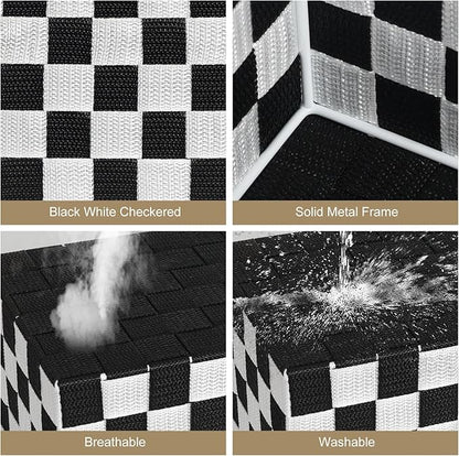 2-Pack Checker Pattern Woven Bins, 16” Ribbon Metal Wire Desk Organizer, Drawer Dresser Baskets, Countertop Toilet Paper Storage Containers (Black & White)