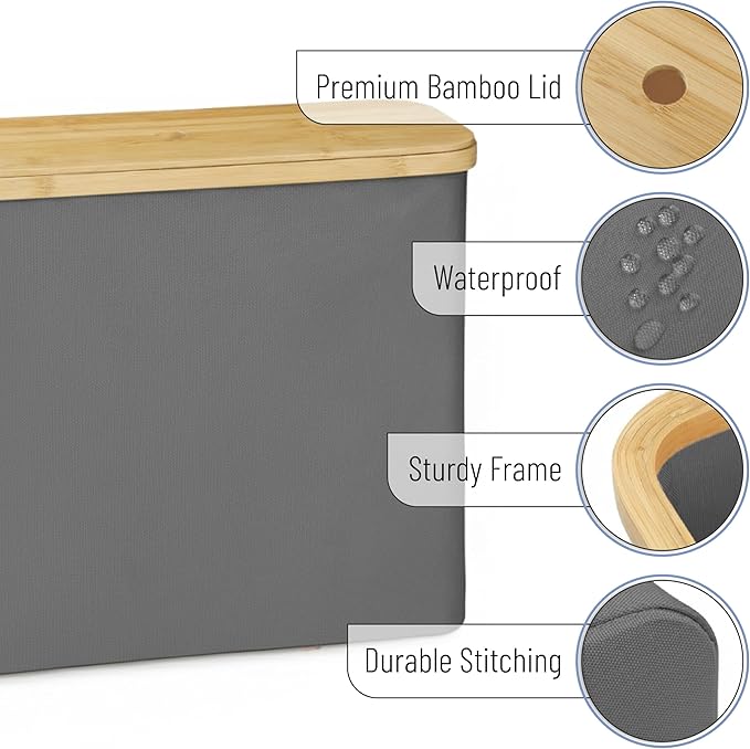 BAMBOO LAND- Toilet Paper Storage with Bamboo Lid for 12 Rolls, Gray, Waterproof Bamboo Toilet Paper Holder Basket