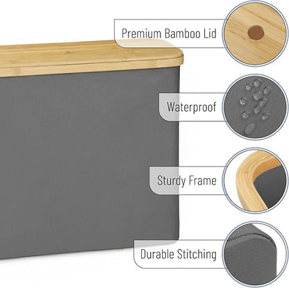 BAMBOO LAND- Toilet Paper Storage with Bamboo Lid for 12 Rolls, Gray, Waterproof Bamboo Toilet Paper Holder Basket