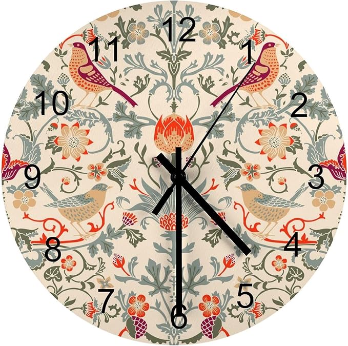 William Morris Wall Clock, Vintage Art White Rustic Floral Botanical Bird Round Clocks Wall Decor Silent No Ticking 12 Inch Wooden Clock for Bedroom Living Room Home Office