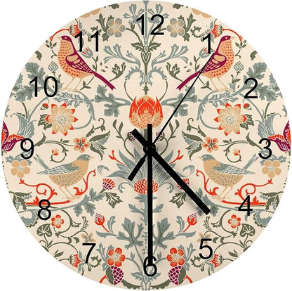 William Morris Wall Clock, Vintage Art White Rustic Floral Botanical Bird Round Clocks Wall Decor Silent No Ticking 12 Inch Wooden Clock for Bedroom Living Room Home Office