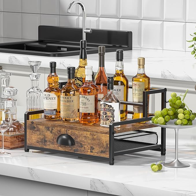 Coffee Syrup Rack Organizer, 2 Tier Countertop Storage Shelves with 35 K Cup Drawer, 8 Syrup Bottle Stand Holder for Wine, Kitchen Coffee Station Organizer Rack, Rustic Brown