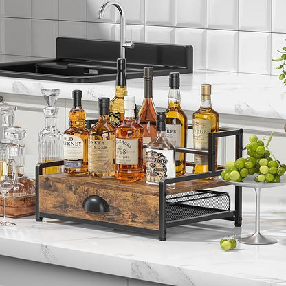 Coffee Syrup Rack Organizer, 2 Tier Countertop Storage Shelves with 35 K Cup Drawer, 8 Syrup Bottle Stand Holder for Wine, Kitchen Coffee Station Organizer Rack, Rustic Brown