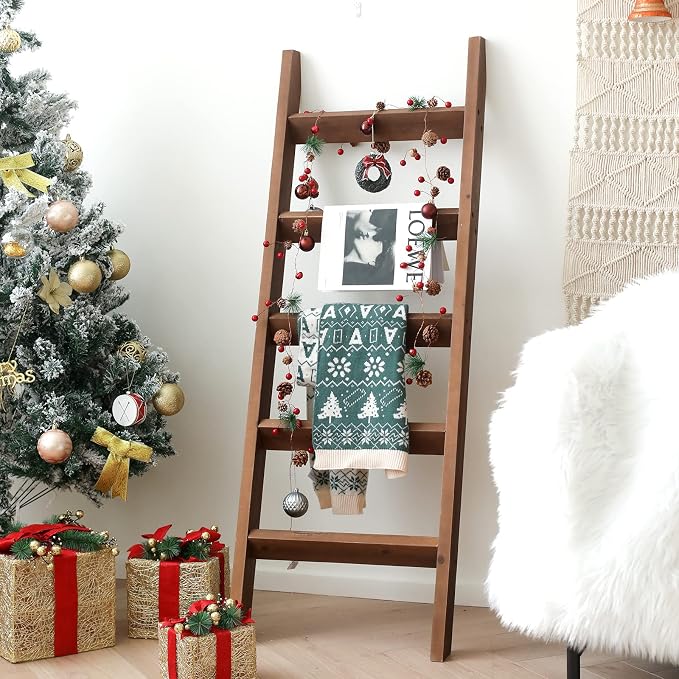 FUIN 5ft (58") Wood Blanket Ladder Living Room Decorative Wall Leaning Farmhouse Quilt Display Holder Rustic Wooden Towel Rack for Bathroom, Brown