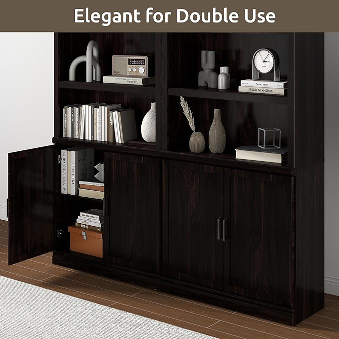 70 Inch Tall Bookcase with Doors, Library Office Bookshelf with Adjustable Shelves, Floor Standing Book Cabinet Shelves for Living Room Bedroom with Anti Tipping Kit, Dark Cherry Finish
