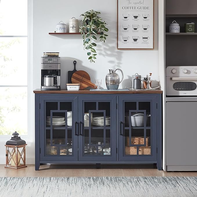 Large Sideboard Buffet Cabinet with Storage, 55" Farmhouse Kitchen Coffee Wine Bar Cabinet with 3 Glass Doors, Wood Mid Century Modern Side Board Table for Dining Room, Living Room,Navy Blue
