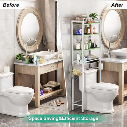 Kalrin Over-The-Toilet Storage Rack, 4-Tier Bathroom Organizer Shelf Over Toilet with Adjustable Shelf and Basket, Freestanding Space Saver Bathroom Shelves Above Toilet for Room (Avocado Green)