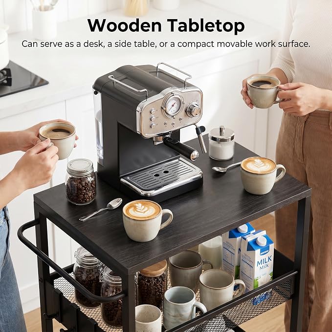 Rolling Utility Cart, 4 Tier Metal Storage Cart with Handle and Wood Top, Multifunctional Mobile Shelf Unit Organizer Trolley for Laundry, Bathroom, Kitchen
