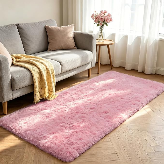 Shag Runner Rug for Bedroom Living Room 3x7 Upgrade Non-Slip Fluffy Soft Bedside Rugs,Pink Shaggy Carpet for Livingroom Dorm Home Decor Aesthetic