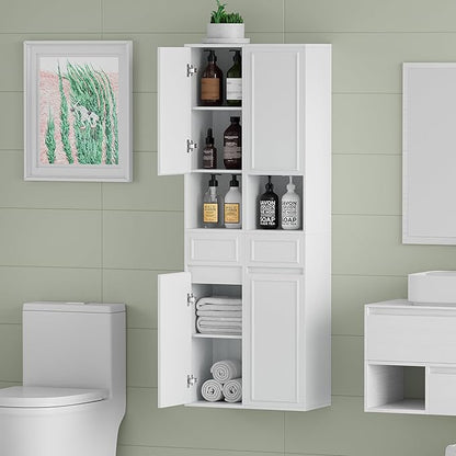 Tall Bathroom Storage Cabinet, Wall Mounted or Floor Mounted,Narrow Slim Wall Cabinet with 2 Door, 1 Drawer, Open Shelf for Living Room, 11.81" D x 11.81" W x 65" H (Embossed White, 2 PCS)