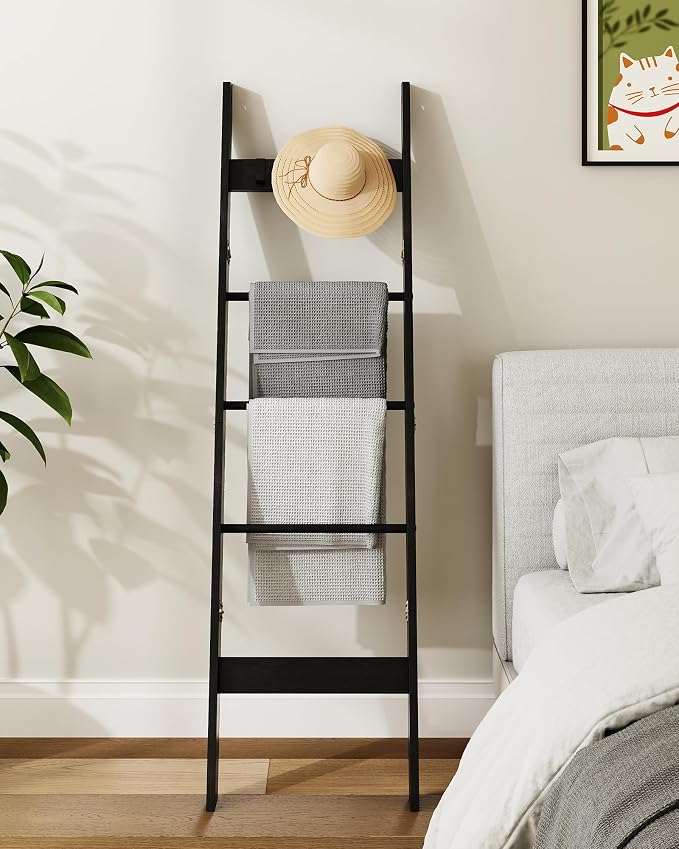 Hzuaneri Blanket Ladder for Living Room, Decorative Quilt Rack with 4 Removable Hooks, 5-Tier Farmhouse Ladder Holder Shelf Organizer for Bedroom, Black BR02104B