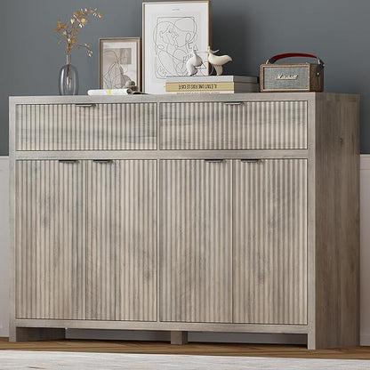 Fluted Sideboard Buffet Cabinet with Storage and Large Drawers, 55" W Credenza Storage Cabinet for Living Room or Entryway, 40'' H Farmhouse Buffet Table with Adjustable Shelves, Console Cabinet