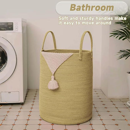 JMvicyroam Large Woven Laundry Basket Hamper,60L Cotton Rope Storage Bin for Blankets,Toys and Clothes,Decorative Tall Nursery Hamper for Living Room,Baby Nursery,Bathroom and Bedroom,Jute