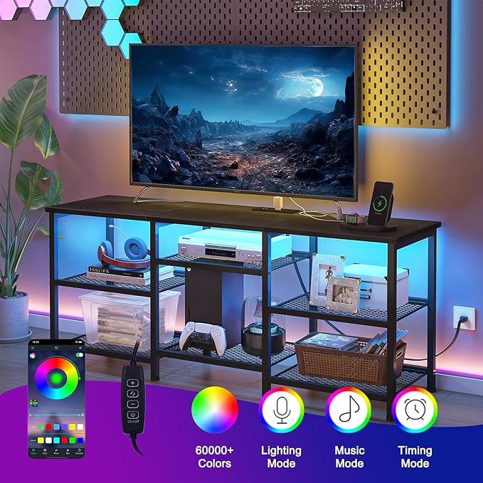 YGEOMER Entertainment Center for TVs Up to 50 Inch, Entertainment Stand with Power Outlet and LED Lights Open Storage Shelves, TV Console Table for Living Room and Bedroom, Black