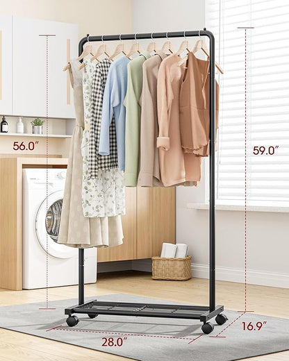 Clothes Rack - Clothing Rack with Storage Mesh Shelf & Casters, Heavy-Duty Metal Clothing Rack for Hanging Clothes, Dresses, Coats, Large Load Capacity, Easy Assembly, Black, 28.0"x16.9"x59.0"