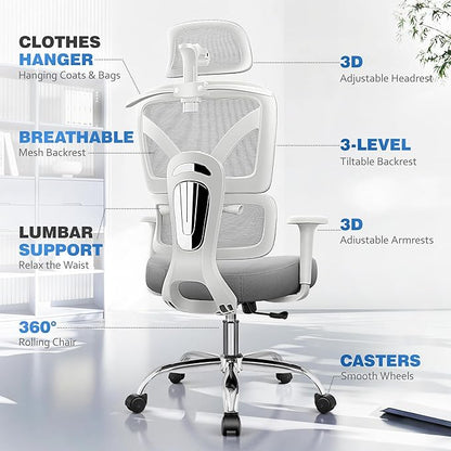 Ergonomic Office Desk Chair, High Back Mesh Office Chair with Adjustable Lumbar Support, 3D Headrest, Big and Tall Home Computer Desk Chairs Comfy for Work, Gaming, 300lbs, Gray