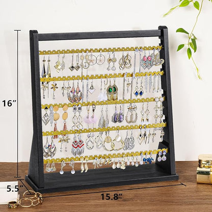 Poyilooo Earring Organizer Stand, Rustic Wood Earring Holder Rack, 5 Layer Jewelry Holder Organizer with 270 Earring Tree Holes Display for Stud Earings & Hoop Earrings, Gifts for Women (Black&gold)