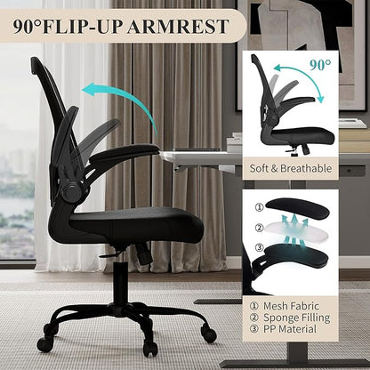 Flysky Mesh Office Chair, Ergonomic Computer Desk Chairs for Home Office - with Comfy/Comfortable Flip-up Arm Rests, Lumbar Support, Height Adjustable, 360 Degree Rolling Swivel (Black)