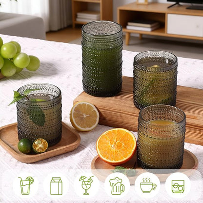 Moretoes Hobnail Drinking Glasses Set of 6, 12 Oz Highball Glasses & 10 Oz Cocktail Glasses, Clear Embossed Boho Glass Cups Kitchen Bar Tumbler Glassware Set for Whiskey, Beer, Juice, Milk (Gray)