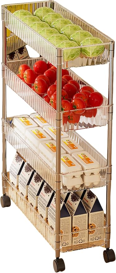 Sooyee Clear 4 Tier Slim Storage Cart,Rolling Storage Cart,Narrow Shelf,Bathroom Rack,Mobile Shelving Unit Organizer for Kitchen, Bathroom, Laundry Room