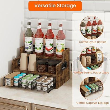 Homode Coffee Syrup Rack Organizer, 3-Tier 8 Bottles Syrup Holder Stand with 35 K Cup Storage Basket Drawer for Coffee Bar, Wood Liquor Shelf Wine Rack Countertop for Home, Rustic Brown