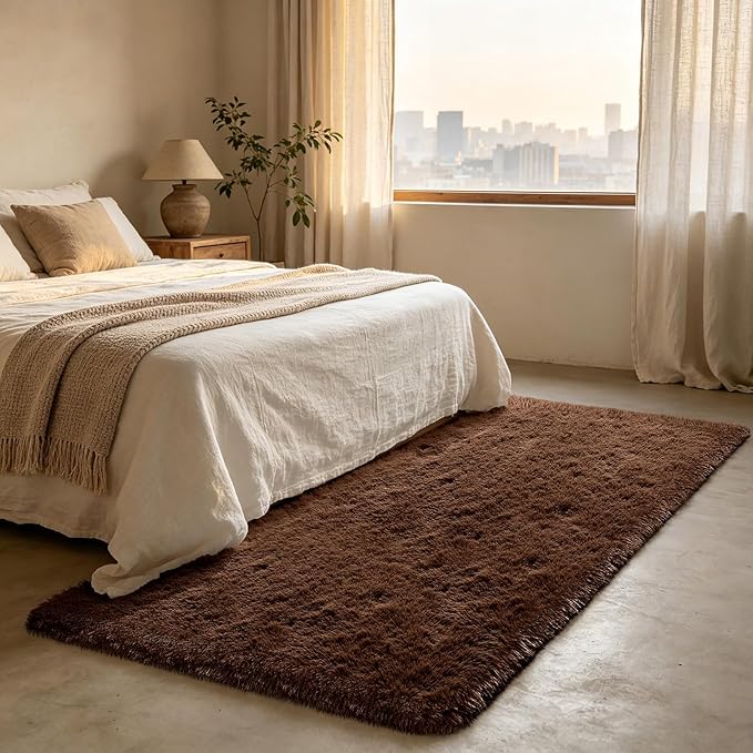 Shag Runner Rug for Bedroom Living Room 3x7 Upgrade Non-Slip Fluffy Soft Bedside Rugs,Brown Shaggy Carpet for Livingroom Dorm Home Decor Aesthetic