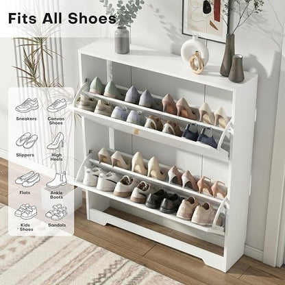 Nicetree Shoe Cabinet with 2 Flip Drawers, Narrow Shoe Organizer Cabinet, Freestanding Shoe Rack Cabinet, Modern Shoe Storage Cabinet for Entryway, Hallway, Foyer, White with Hook