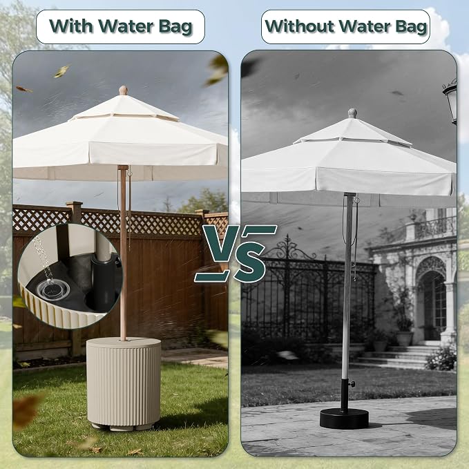 Outdoor Umbrella Stand with Hole, in Pool Umbrella Stand with Weighted Water Filled Bladder, Fluted Vertical Ribbed Design, All Weather Umbrella Side Table Base, Patio Umbrella Base, Beige