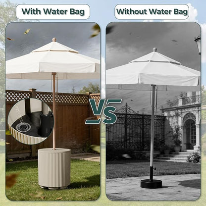 Outdoor Umbrella Stand with Hole, in Pool Umbrella Stand with Weighted Water Filled Bladder, Fluted Vertical Ribbed Design, All Weather Umbrella Side Table Base, Patio Umbrella Base, Beige