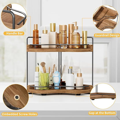 2-Tier Corner Bathroom Counter Organizer with Embedded Screw Holes, Secure & Stable Wood Vanity Shelf for Makeup and Skincare Essentials - Space Saving Bathroom Countertop Storage, Dark Brown