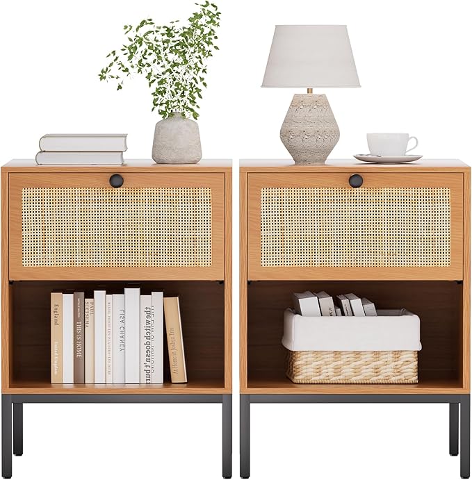 XIAO WEI Natural Rattan Nightstand Set of 2, Boho Night Stand with Drawer and Open Shelf, Bedside Table Accent Cane End Table Side Table for Bedroom Living Room, Metal Legs/Small/Light Brown