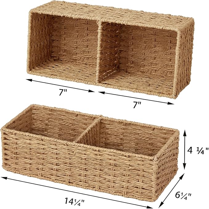 Vagusicc Set of 2 Wicker Storage Basket for for Shelves, Baskets for Organizing, Toilet Paper Basket for Toilet Tank Top, 2-Section, Natural