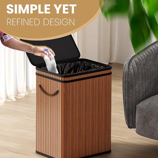 Mihoho 80 Liter/21 Gallon Large Trash Can with Lid, Garbage Bin Wastebasket Made of Bamboo, Outdoor Garbage Can/Waste/Basket Bin for Home, Office, Bathroom, Kitchen 24" HX15.8 WX11.8 D (Brown K)