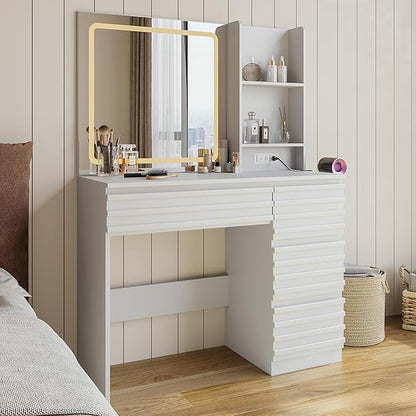 Fluted Vanity Desk with HD Mirror and Lights, Wood Makeup Vanity Table with 4 Drawers & Open Shelves, Mid Century Dressing Table Set with Charging Station, 3 Color Lighting Modes for Bedroom, White