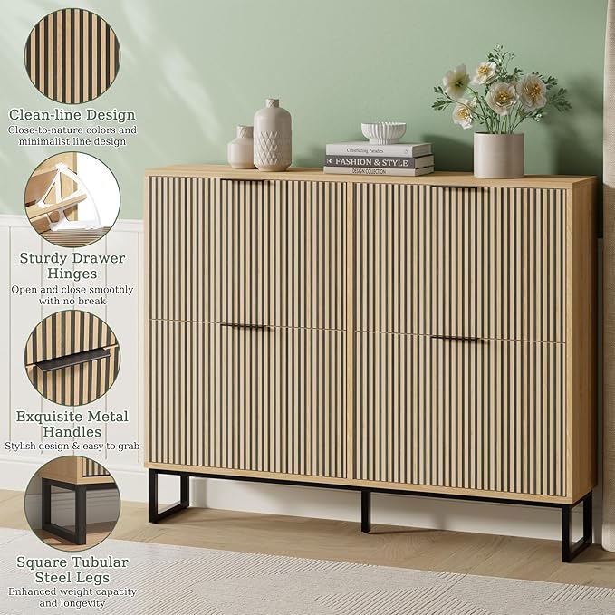 Shoe Cabinet Storage with 4 Flip Drawers, Narrow Hidden Shoe Organizer Cabinet for Entryway, Modern Freestanding Slim Shoe Rack Organizer Shoe Cupboard for Hallway, Natural Wood