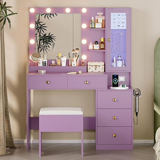 Vanity Desk with Mirror and Lights, Purple Makeup Vanity with 5 Drawers Hidden Jewelry Organizer& LED Glass Cabinet,3 Light Mode and Brightness Adjusted,Vanities Mirror with Lights Desk and Chair