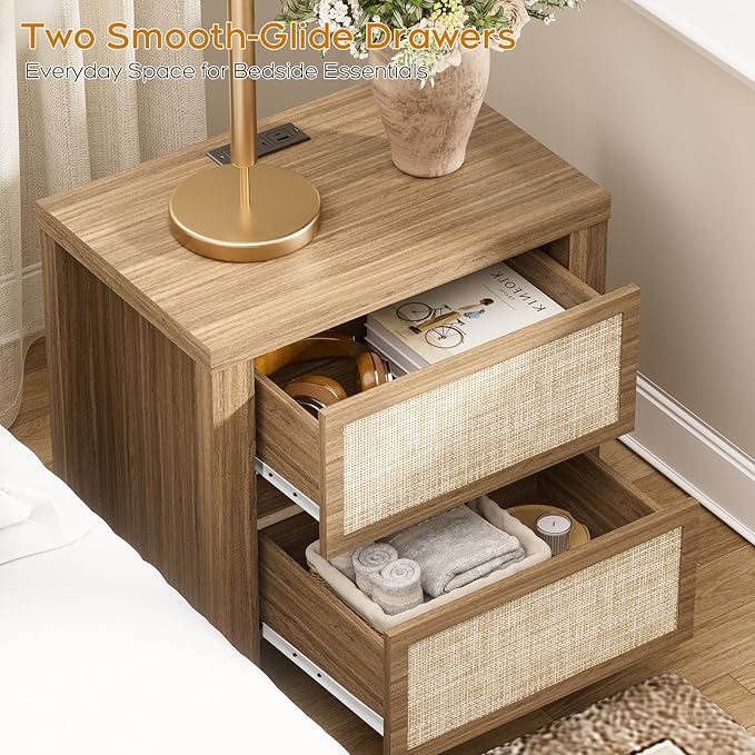 XIAO WEI Rattan Nightstand with Charging Station, Boho Bedside Table with 2 Drawers, Farmhouse End Table for Bedroom, Wood Accent Bed Side Table with Storage, Reclaimed Light Oak