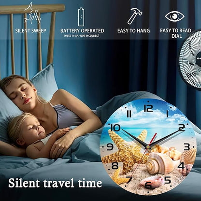 Wall Clock, 10 Inch Silent Non-Ticking Home Kitchen Decor, Battery Operated for Bathroom Bedroom Living Room Office(Starfish Seashells Beach)