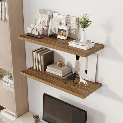 Dreamland 36" Floating Shelves for Wall, 12" Deep Slim Walnut Floating Shelves, Wall-Mounted Shelves for Bedroom, Living Room, Kitchen, Bathroom - Set of 2