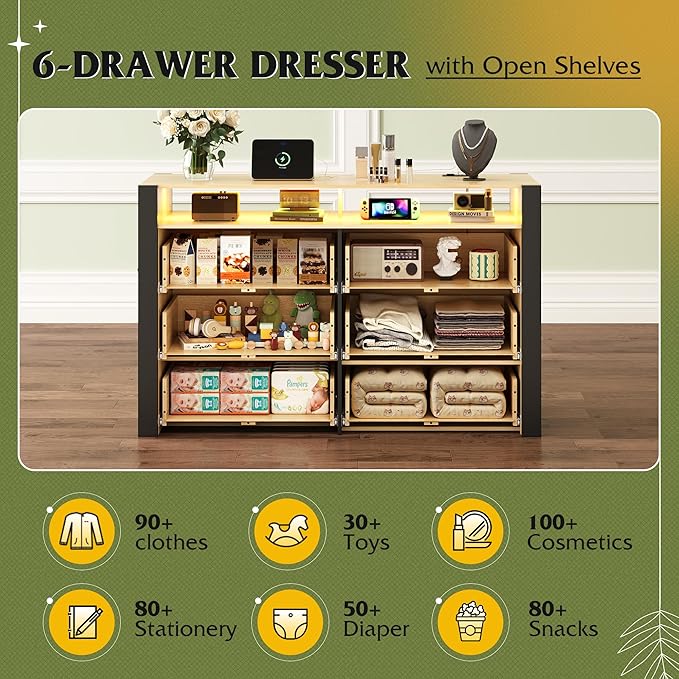 WLIVE 6 Drawer Led Dresser for Bedroom, 51" Wood Dresser with Charging Station for 55" TV, Dressers with Open Shelves, Hanging Rack, Chest of Drawers for Closet, Living Room, Light Oak
