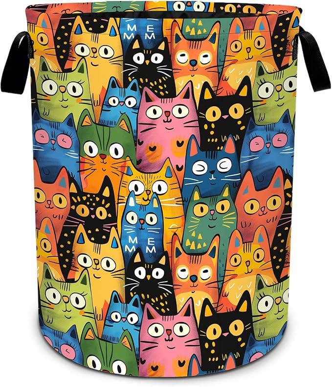 Colorful Cat Laundry Basket Waterproof Laundry Hamper Foldable Laundry Bag with Handles for Bedroom, Bathroom, Office, Clothes Storage